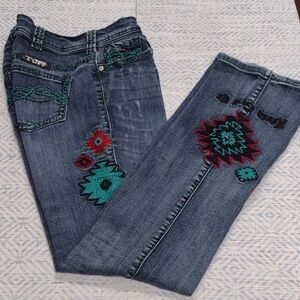 Cowgirl Tuff CoBlue Jeans with Red and Green Embroidery,Southwest Pride Boot Cut